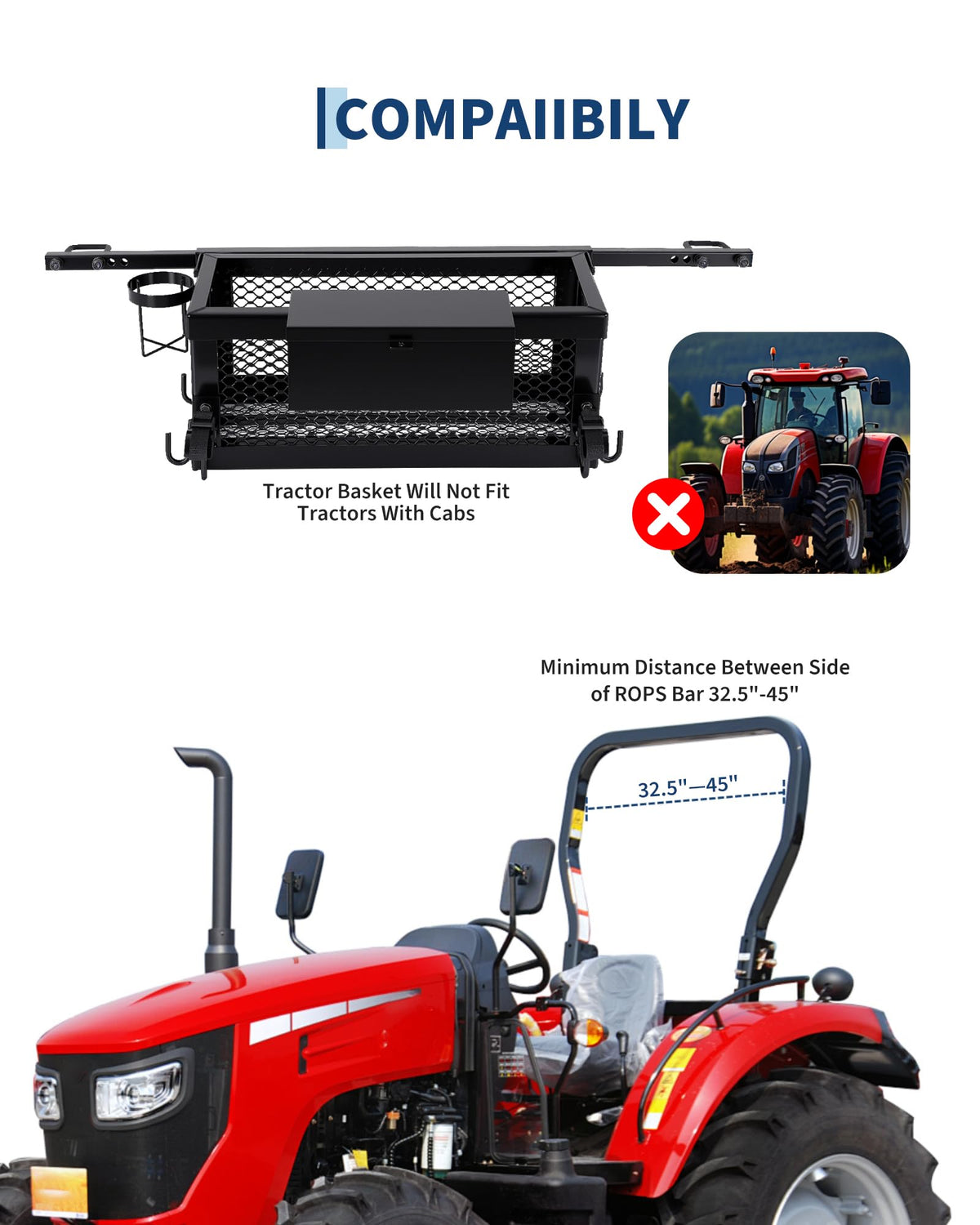 Heavy Duty Tractor Tool Box, 24x10x10 Inch Lockable Basket Attachment with Hooks and Ratchet Strap D417784