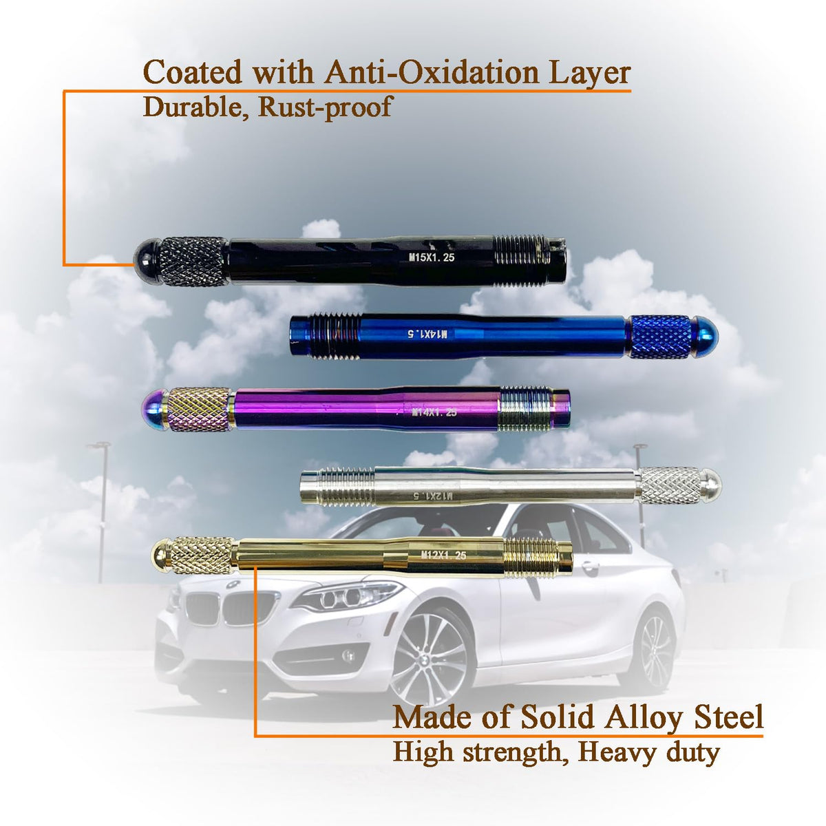 10PC Alloy Steel Wheel Alignment Pins Kit M12x1.5/1.25/M14x1.5/1.25/M15*1.25 Lug Bolt Guide Tool H92656