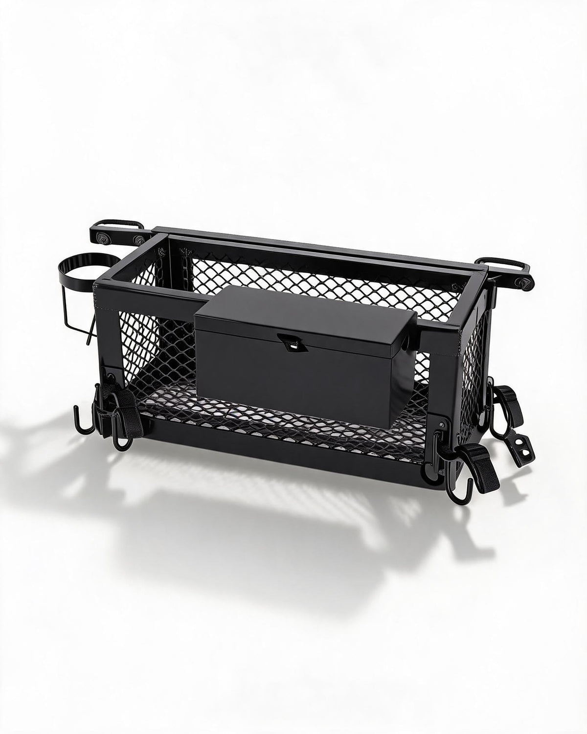 Heavy Duty Tractor Tool Box, 24x10x10 Inch Lockable Basket Attachment with Hooks and Ratchet Strap D417784
