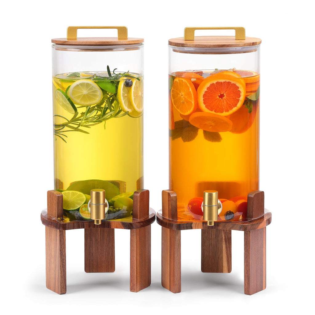 2 PCS 1.5 Gallon Glass Drink Dispenser with Wood Stand and Spigot E34853