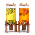 2 PCS 1.5 Gallon Glass Drink Dispenser with Wood Stand and Spigot E34853
