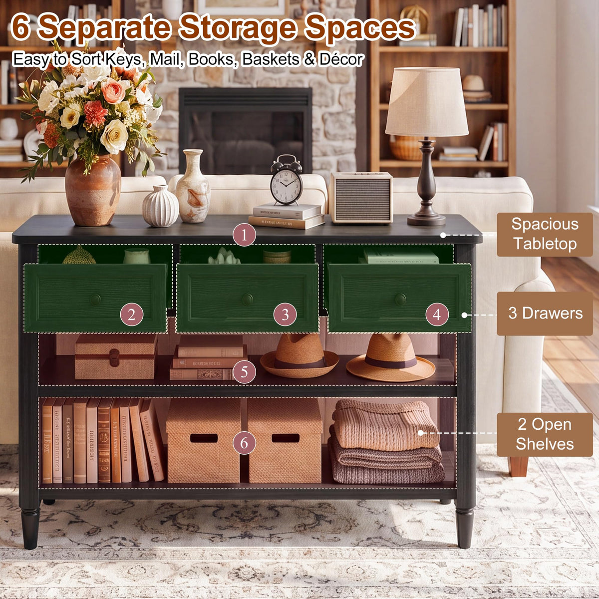 43" Narrow Farmhouse Console Table with 3 Drawers and 2 Shelves F550