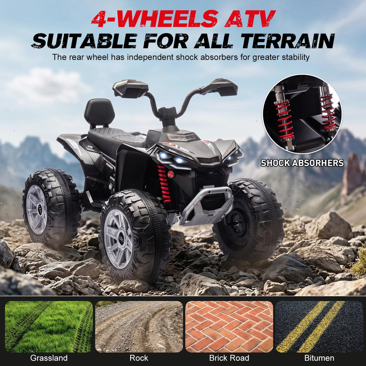 24V 2 Seater Kids ATV with LED Lights and Music, Black A36912