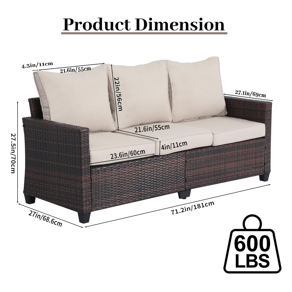 Rattan 3-Seater Outdoor Sofa with Blue Cushions E47497