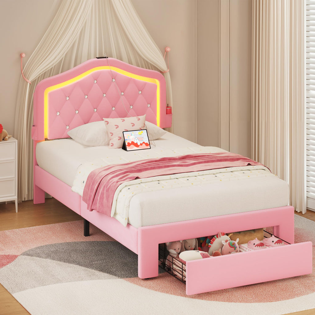 Twin Bed Frame with Adjustable Velvet Upholstered Headboard and Storage Drawers R961