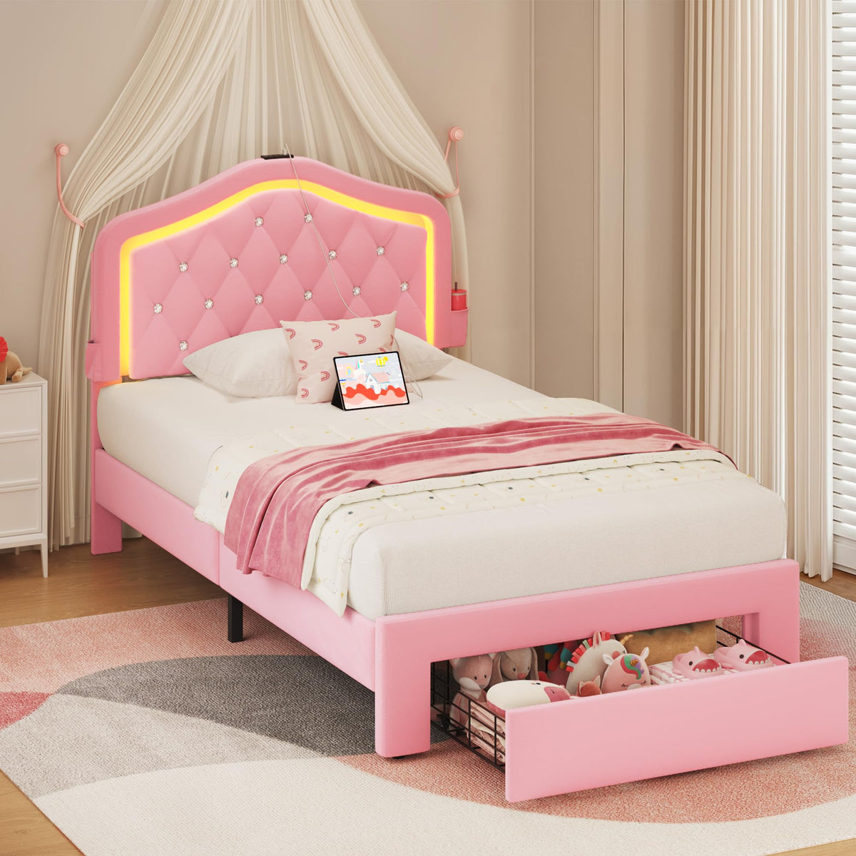 Twin Bed Frame with Adjustable Velvet Upholstered Headboard and Storage Drawers R961