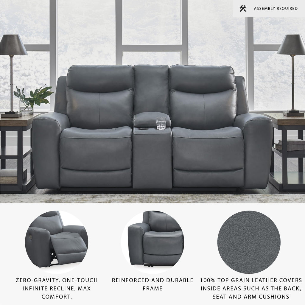 Gray Leather Match Power Reclining Loveseat with Console B11733
