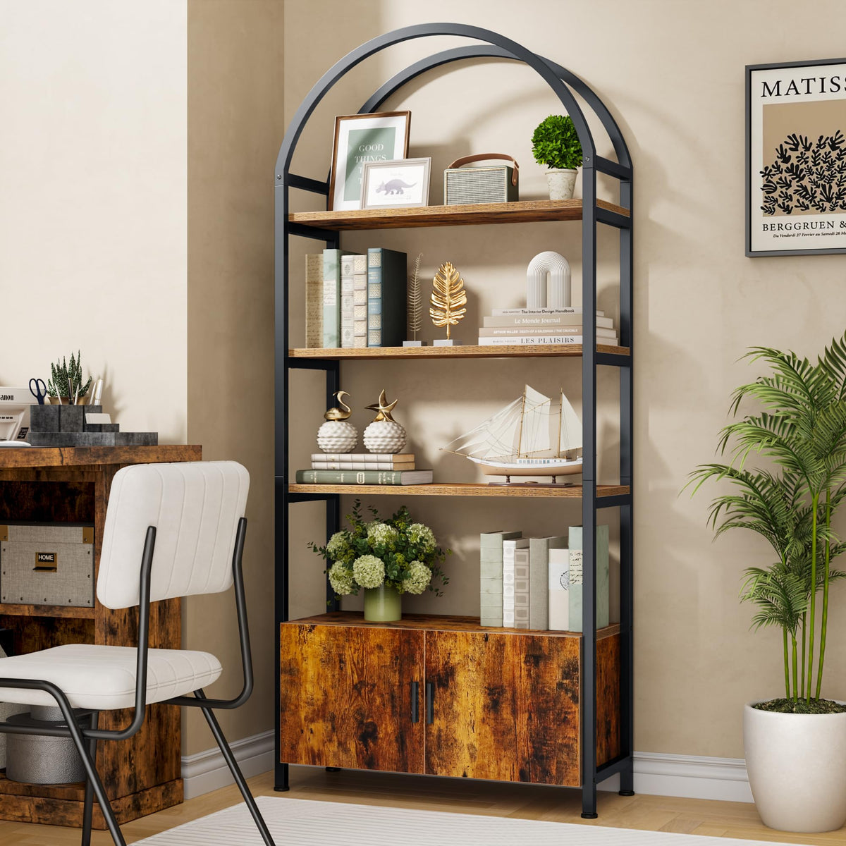 Arched 71 Inch Tall 5 Tier Wood and Metal Bookshelf with Storage Cabinet N72314