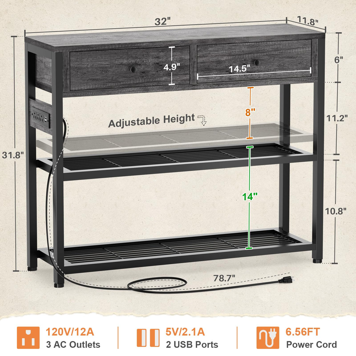 32" Entryway Table with Outlets and Drawers H447