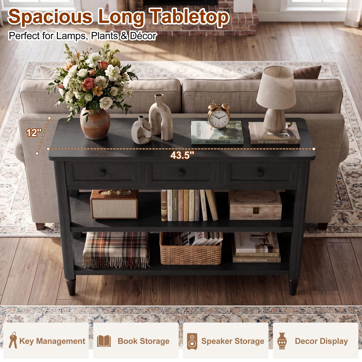 43" Narrow Farmhouse Console Table with 3 Drawers and 2 Shelves F550