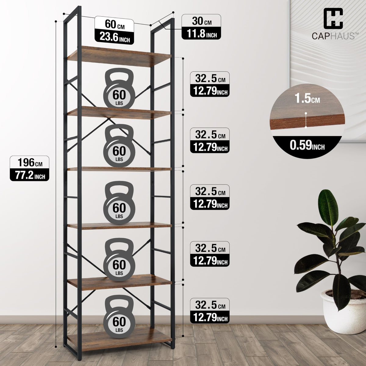 6 Tier 24 Inch Rustic Oak Bookshelf V415