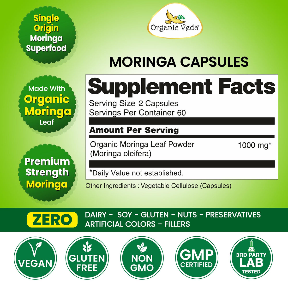 1000mg Organic Moringa Capsule 120 Vegan Capsule M1530