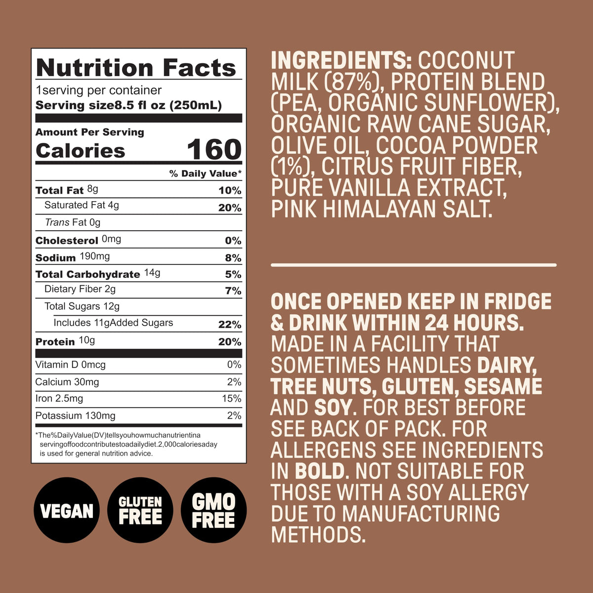 Chocolate Milk, Dairy Free, 10g Protein, 8.5 fl oz, 12 Pack V94340