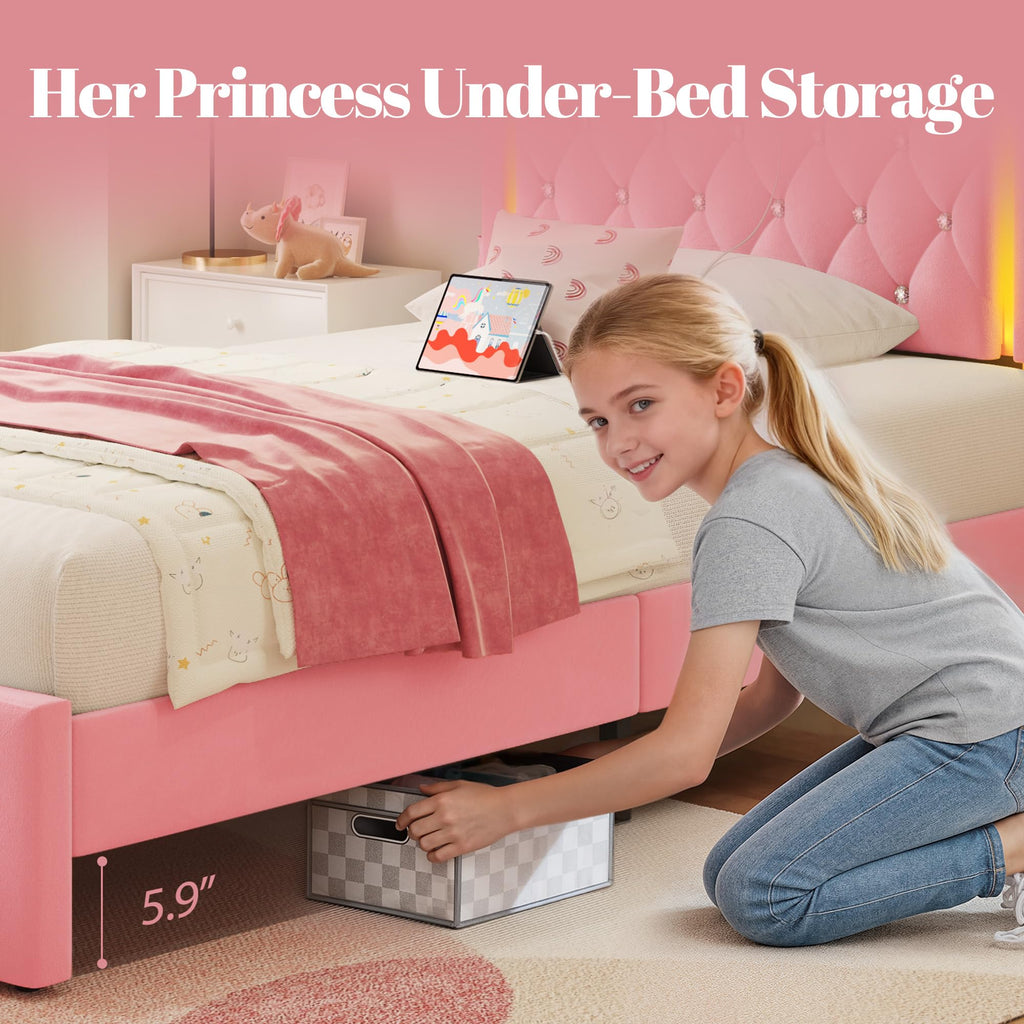 Twin Bed Frame with Adjustable Velvet Upholstered Headboard and Storage Drawers R961
