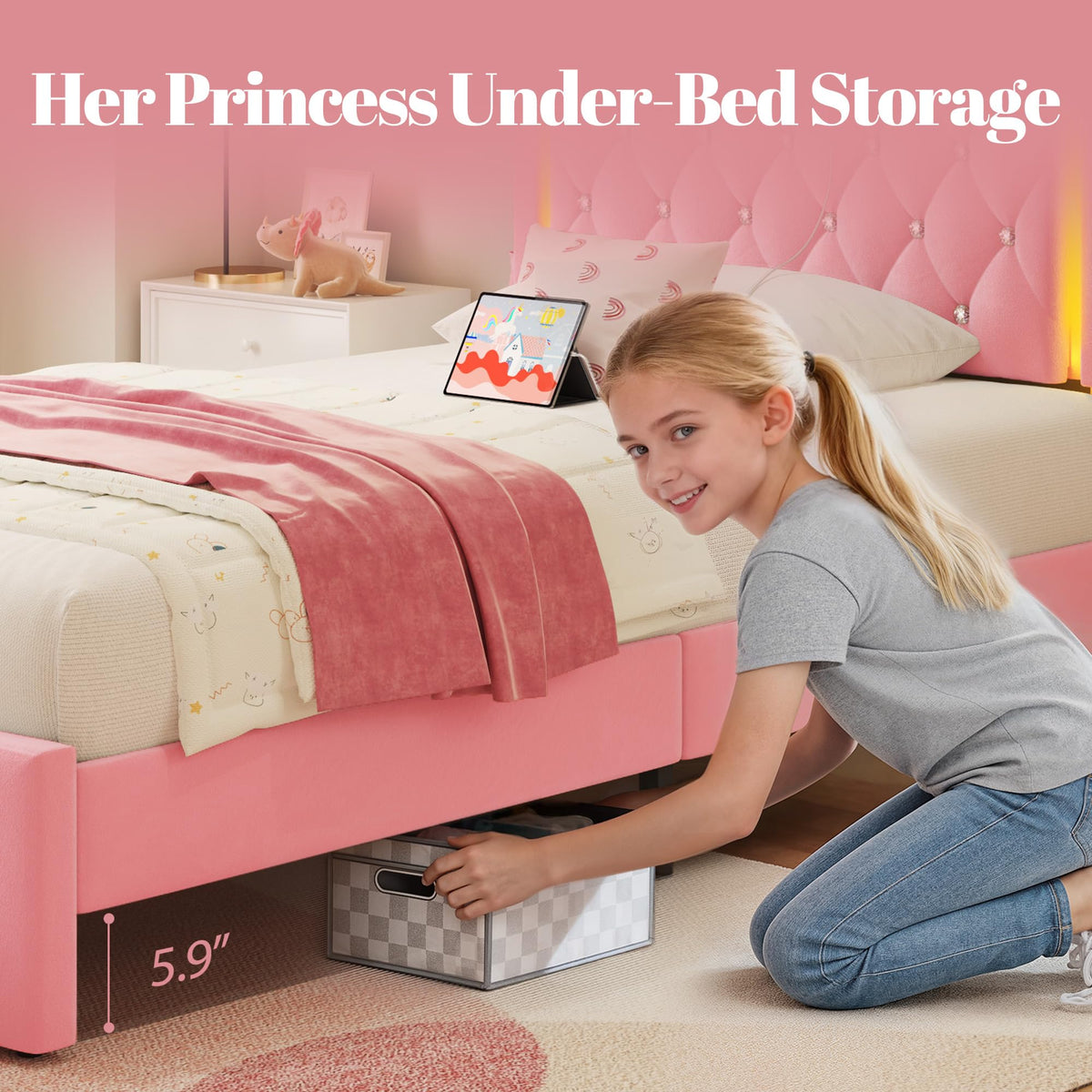 Twin Bed Frame with Adjustable Velvet Upholstered Headboard and Storage Drawers R961