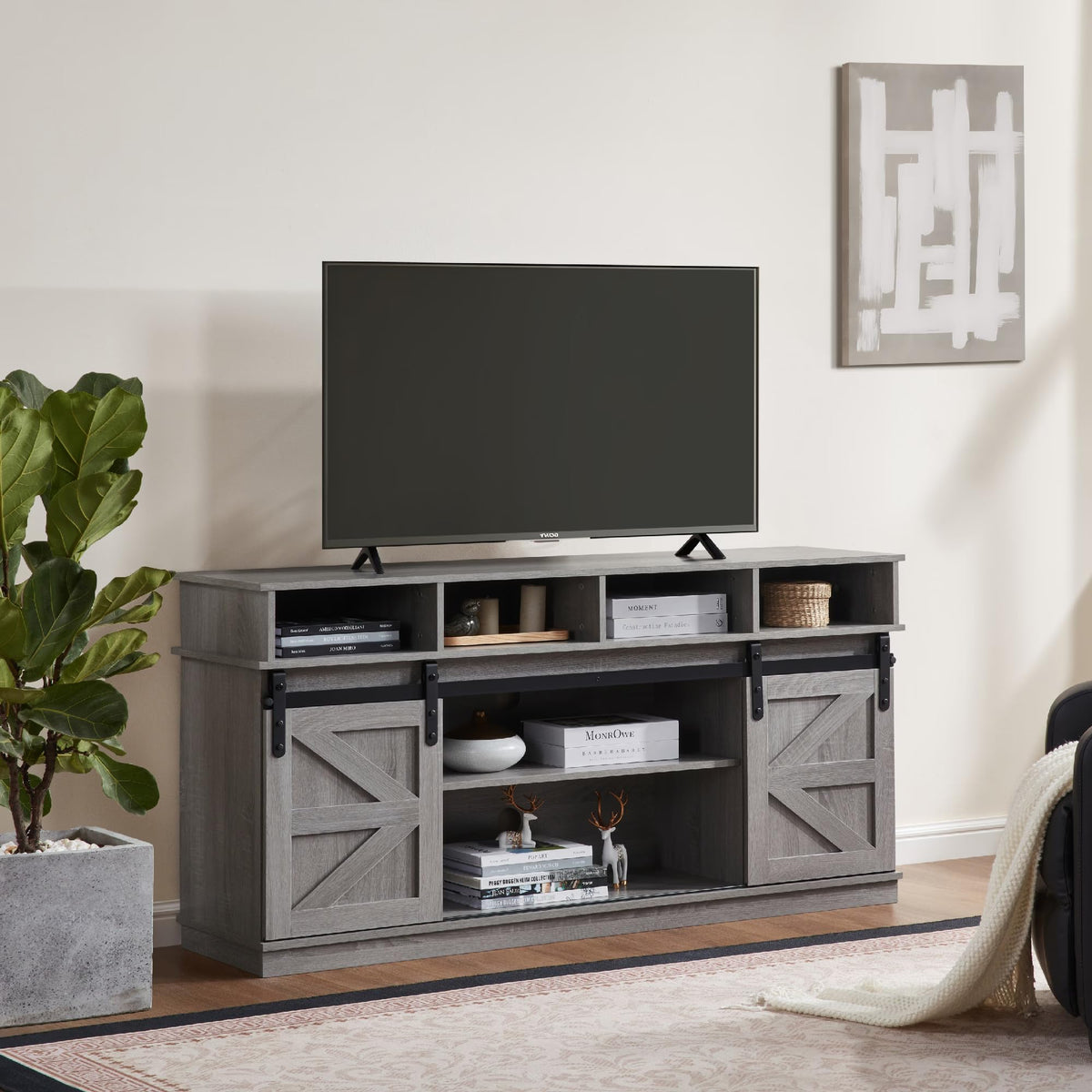 65" Grey Farmhouse TV Stand with Sliding Doors C43090