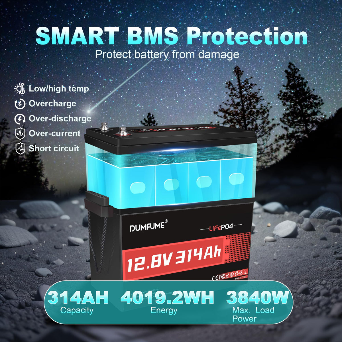 12V 300Ah LiFePO4 Battery 200A BMS C2727