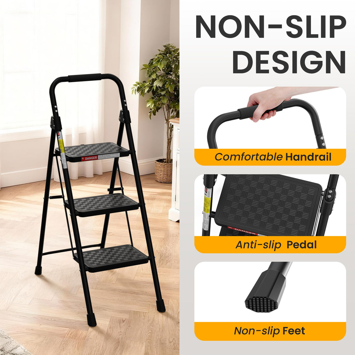 3 Step Folding Ladder with Anti-Slip Pedal V720013