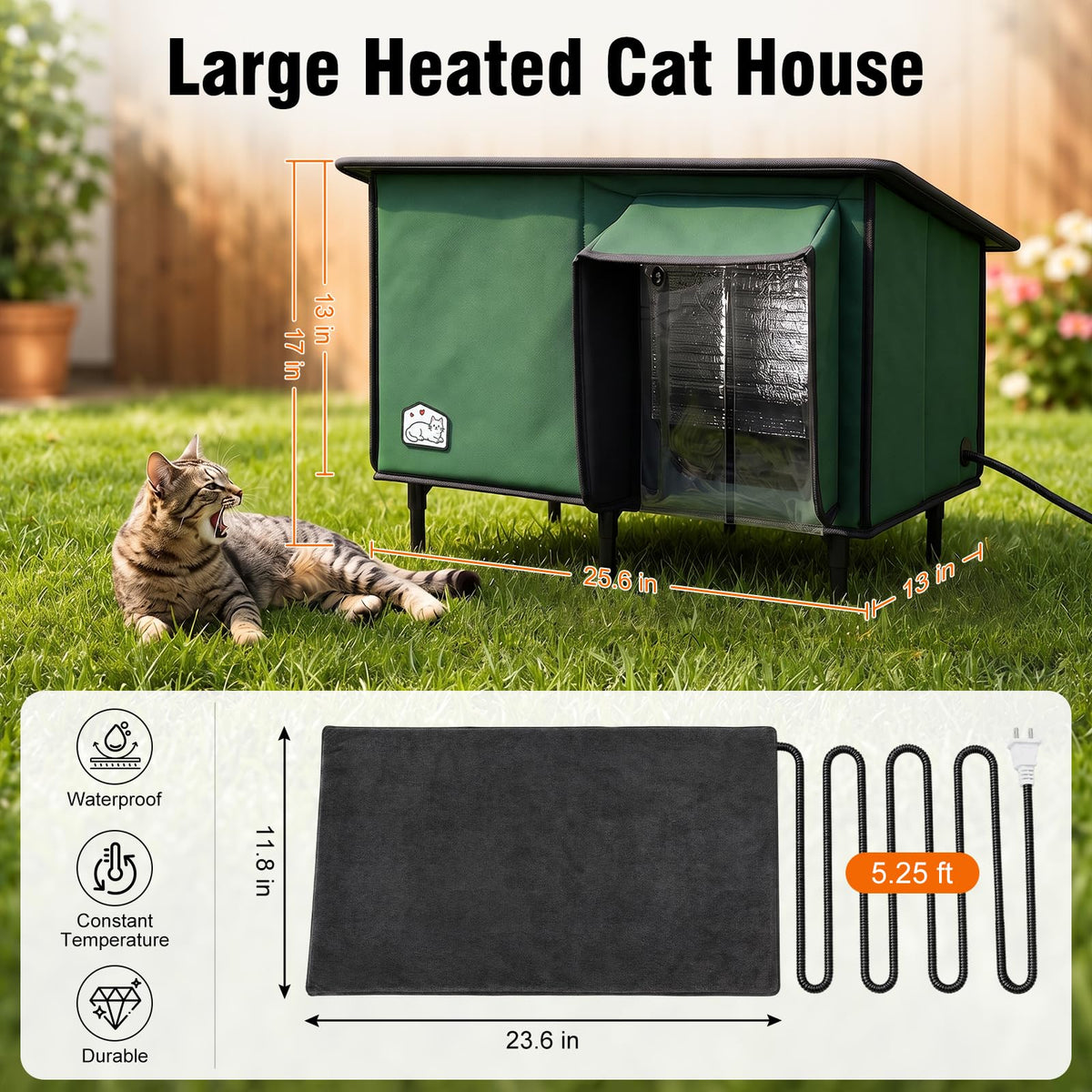 Weatherproof Insulated Heated Cat House with Heating Pad T88570
