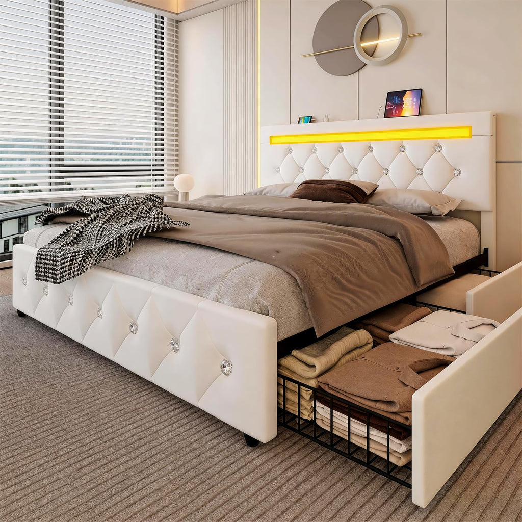 White Full Size Storage Bed with 4 Drawers and Adjustable Headboard M873776