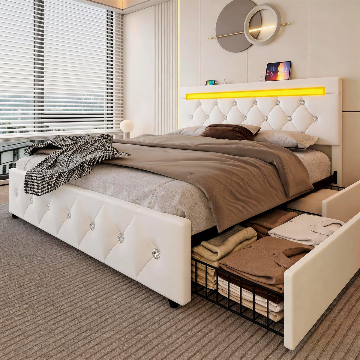 White Full Size Storage Bed with 4 Drawers and Adjustable Headboard M873776