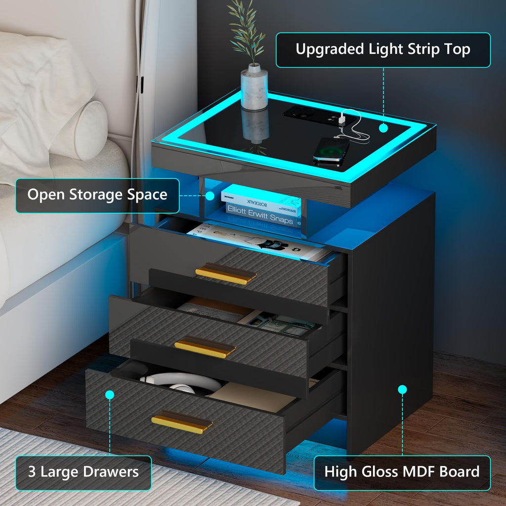 Black 3 Drawer LED Nightstand with Charging Station S244145