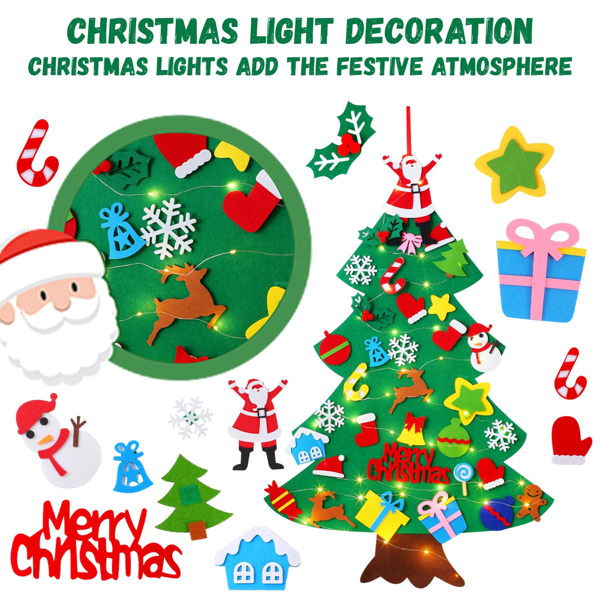 Felt Christmas Tree for Toddlers, 3.2ft Wall Hanging DIY Xmas Decorations with String Light I710775
