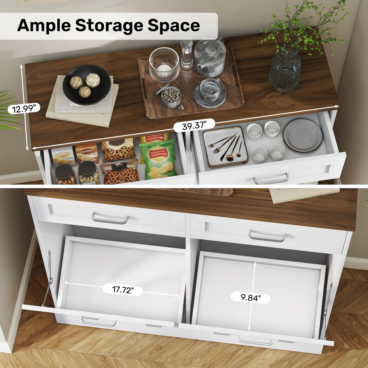 2 x 10 Gallons Double Tilt Out Wooden Trash Can Cabinet with Storage Drawers A33892