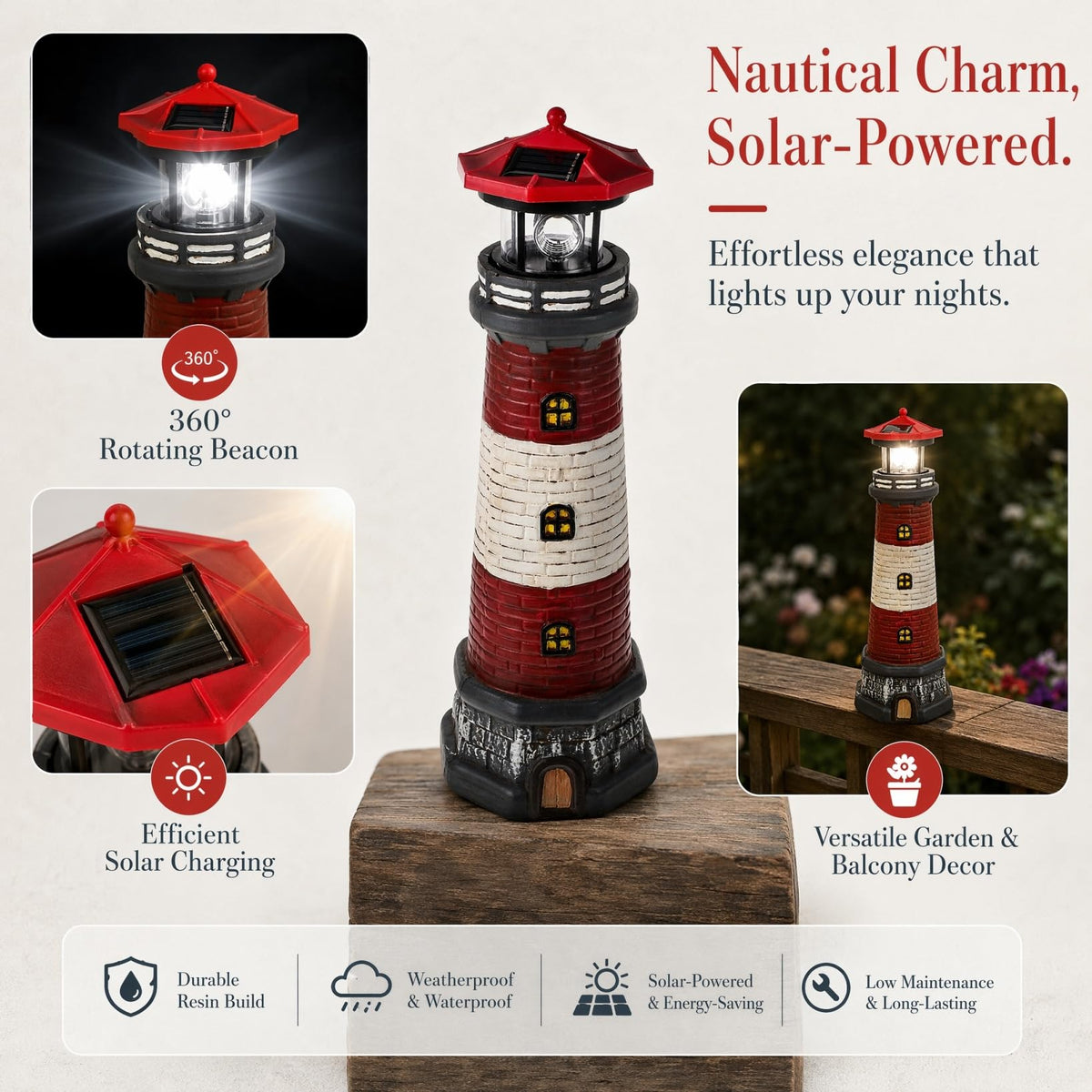 Solar Lighthouse with Rotating LED Lights 15 Inch Tall F272825