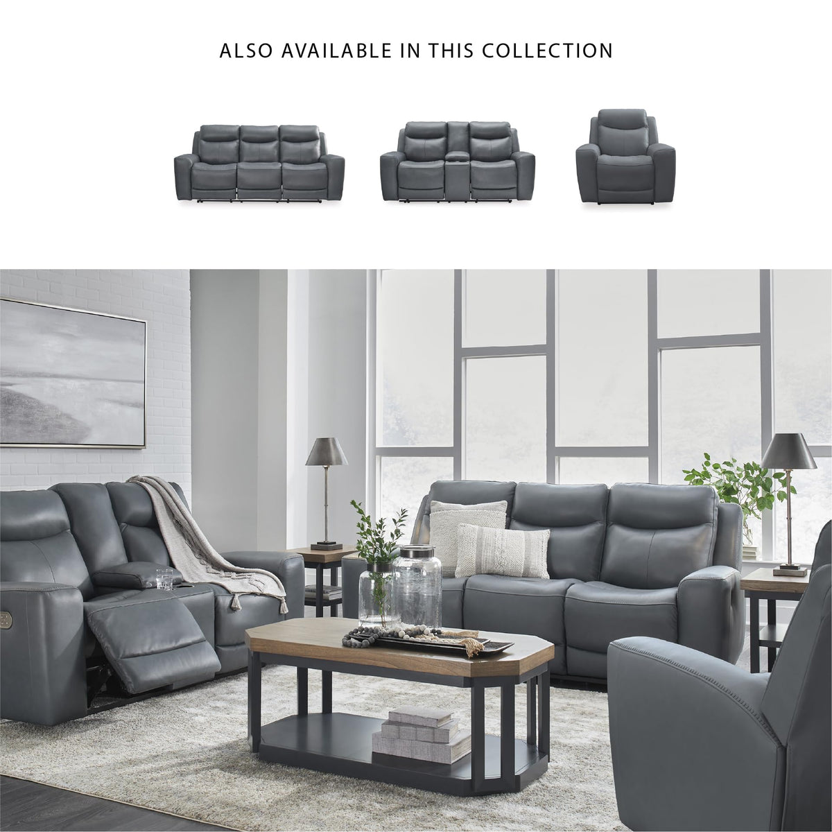 Gray Leather Match Power Reclining Loveseat with Console B11733