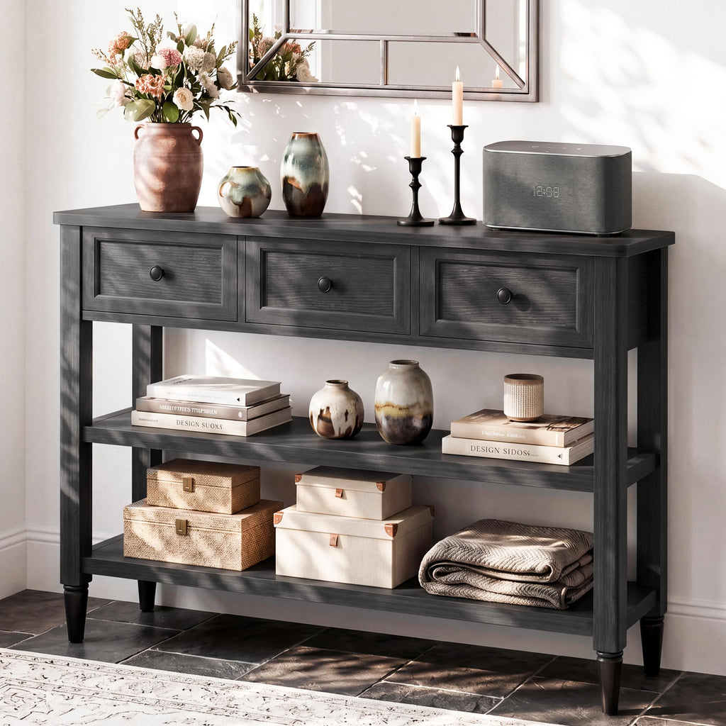43" Narrow Farmhouse Console Table with 3 Drawers and 2 Shelves F550