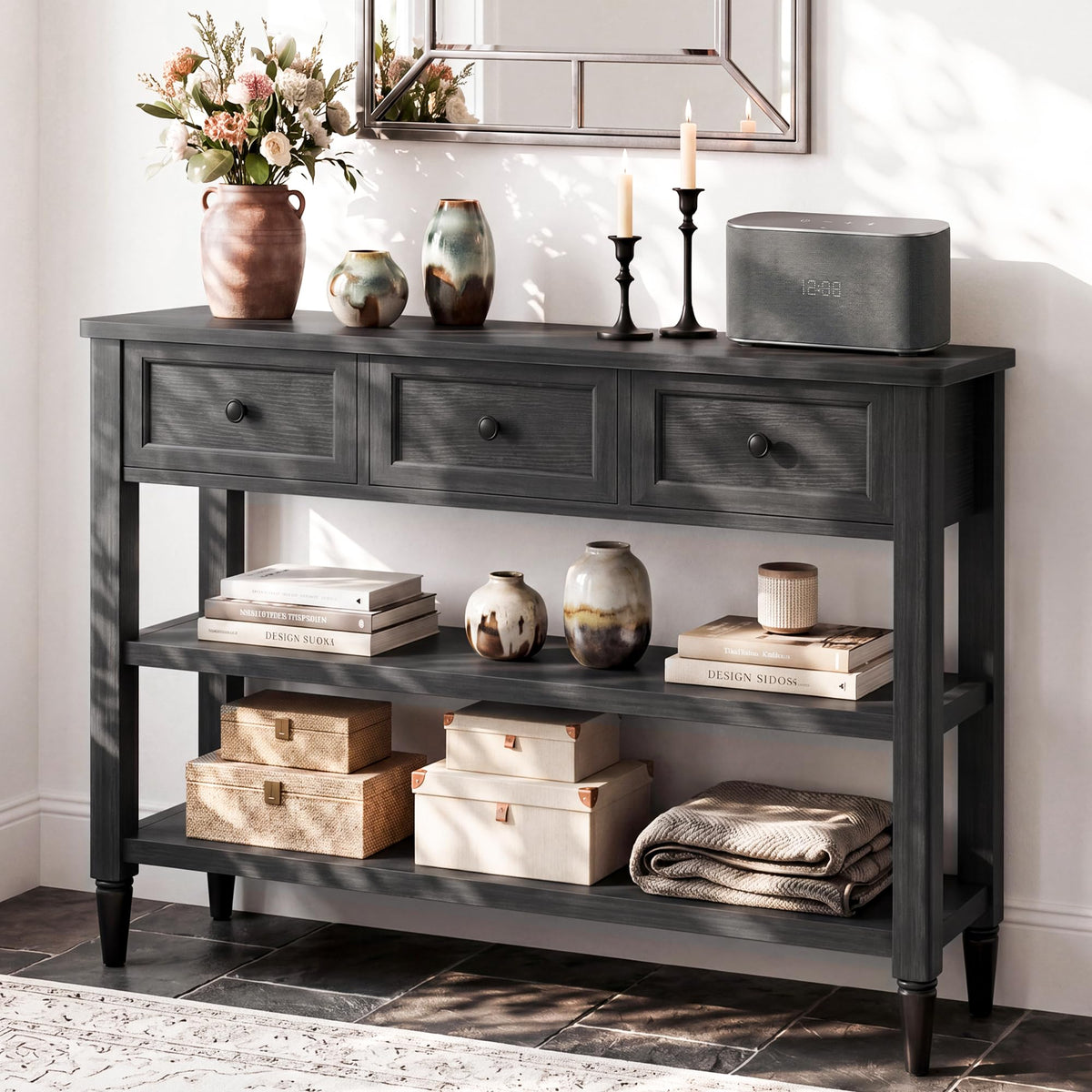 43" Narrow Farmhouse Console Table with 3 Drawers and 2 Shelves F550