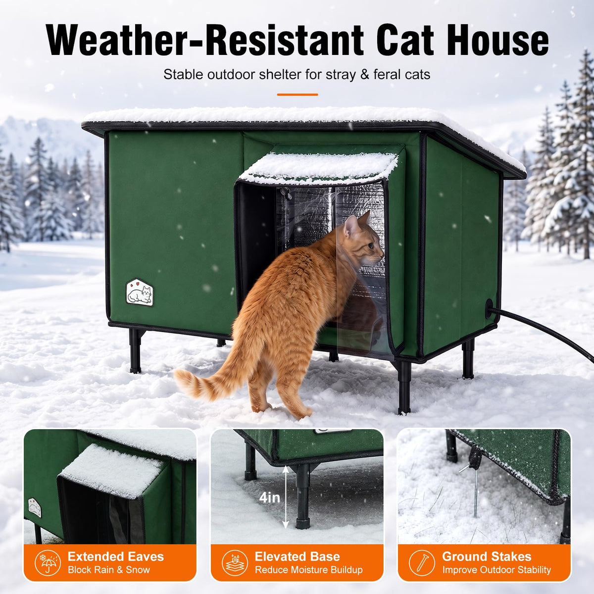 Weatherproof Insulated Heated Cat House with Heating Pad T88570