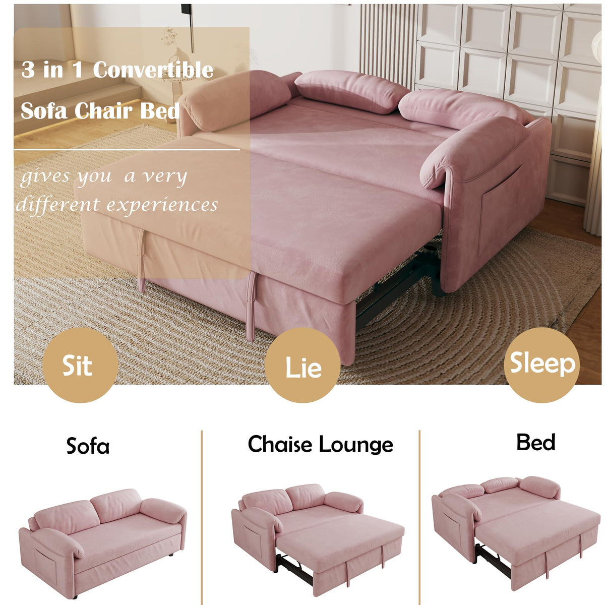 Pink Velvet 3 in 1 Convertible Sofa Bed P249247