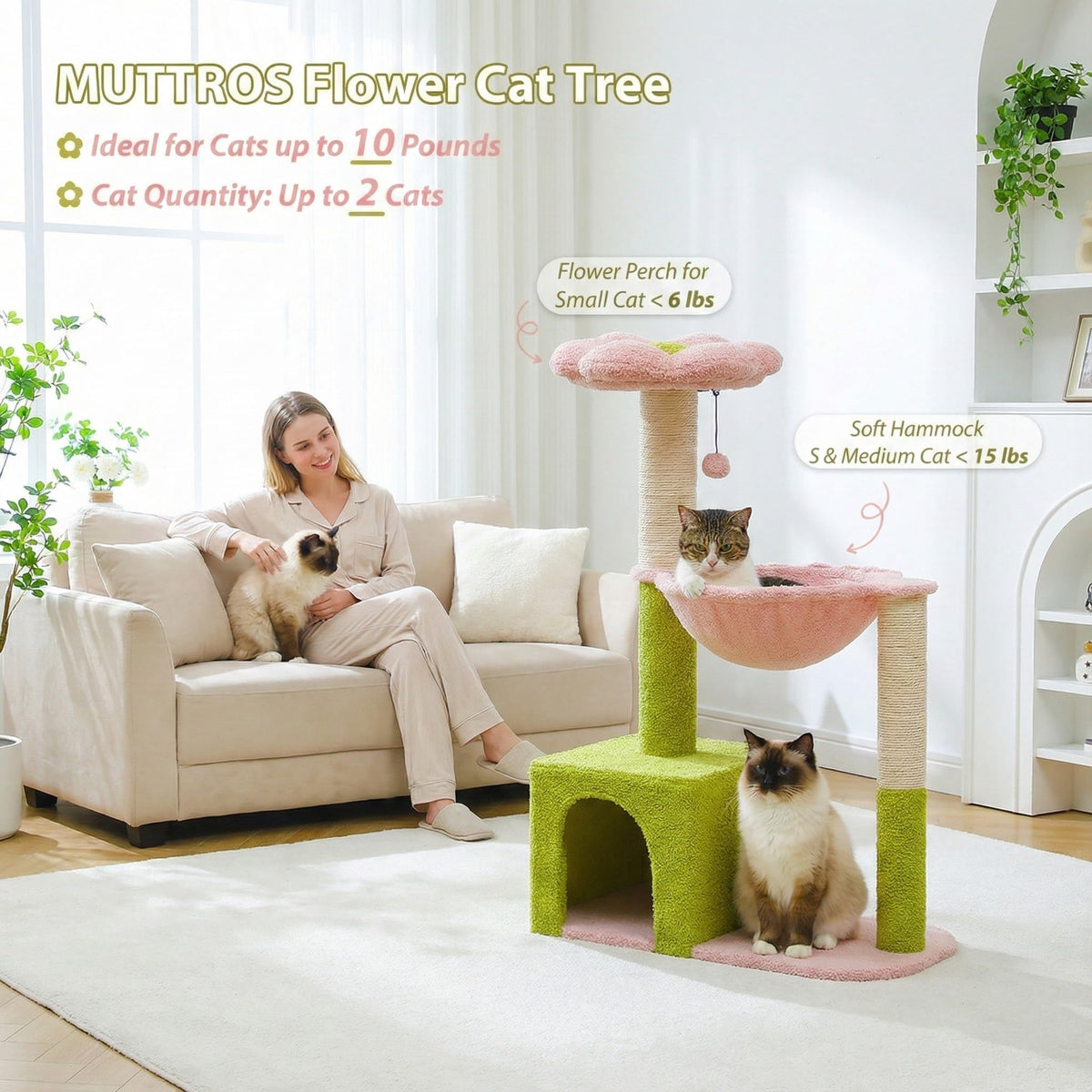 35" Pink Cat Tree with Hammock and Scratching Posts B6513