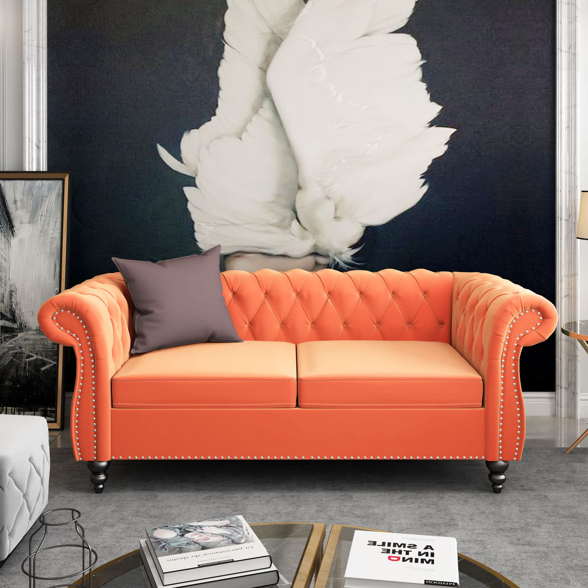 Orange Velvet Chesterfield Sofa Loveseat and Chair D493064