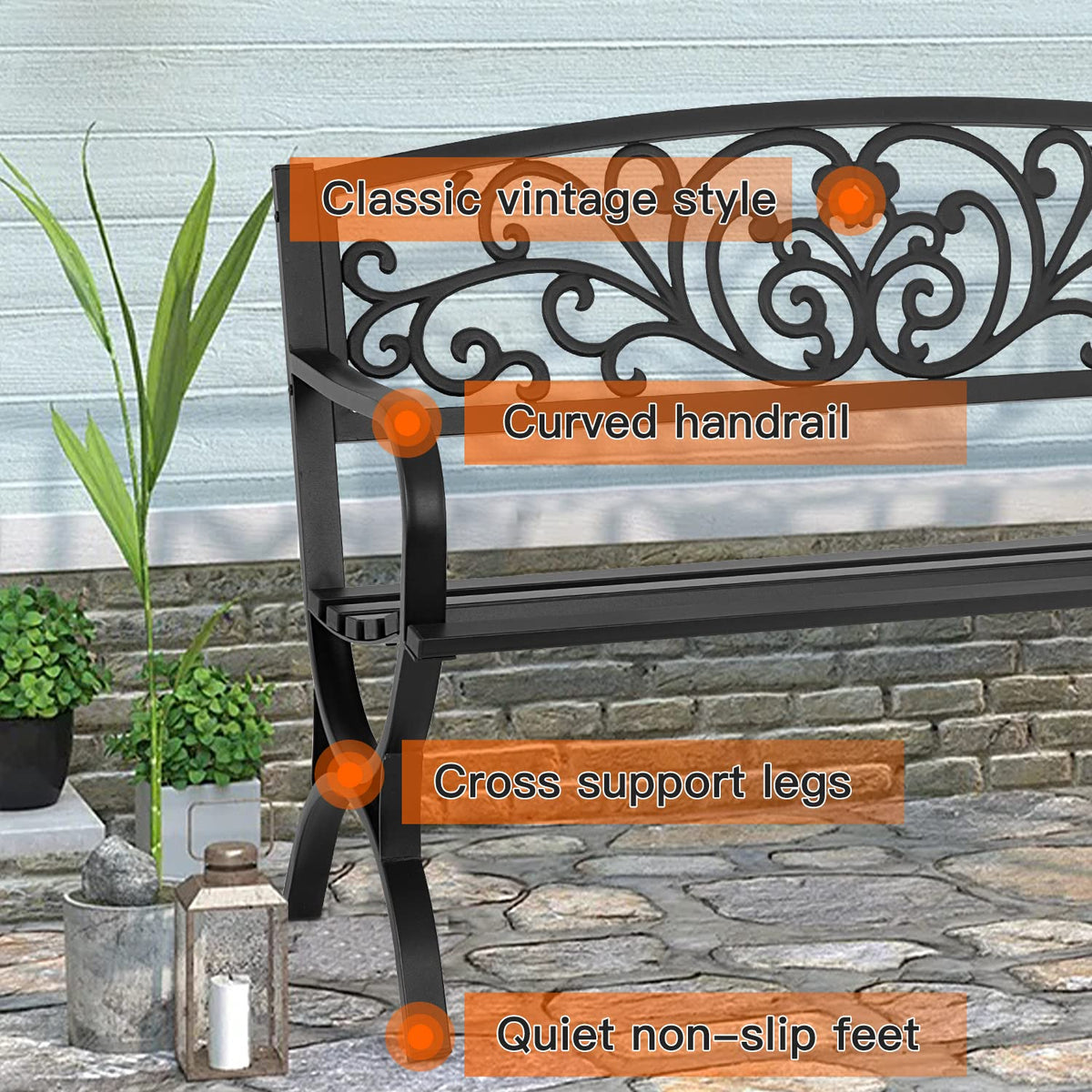 50 inch Black Metal Patio Garden Bench with Armrests Y5101