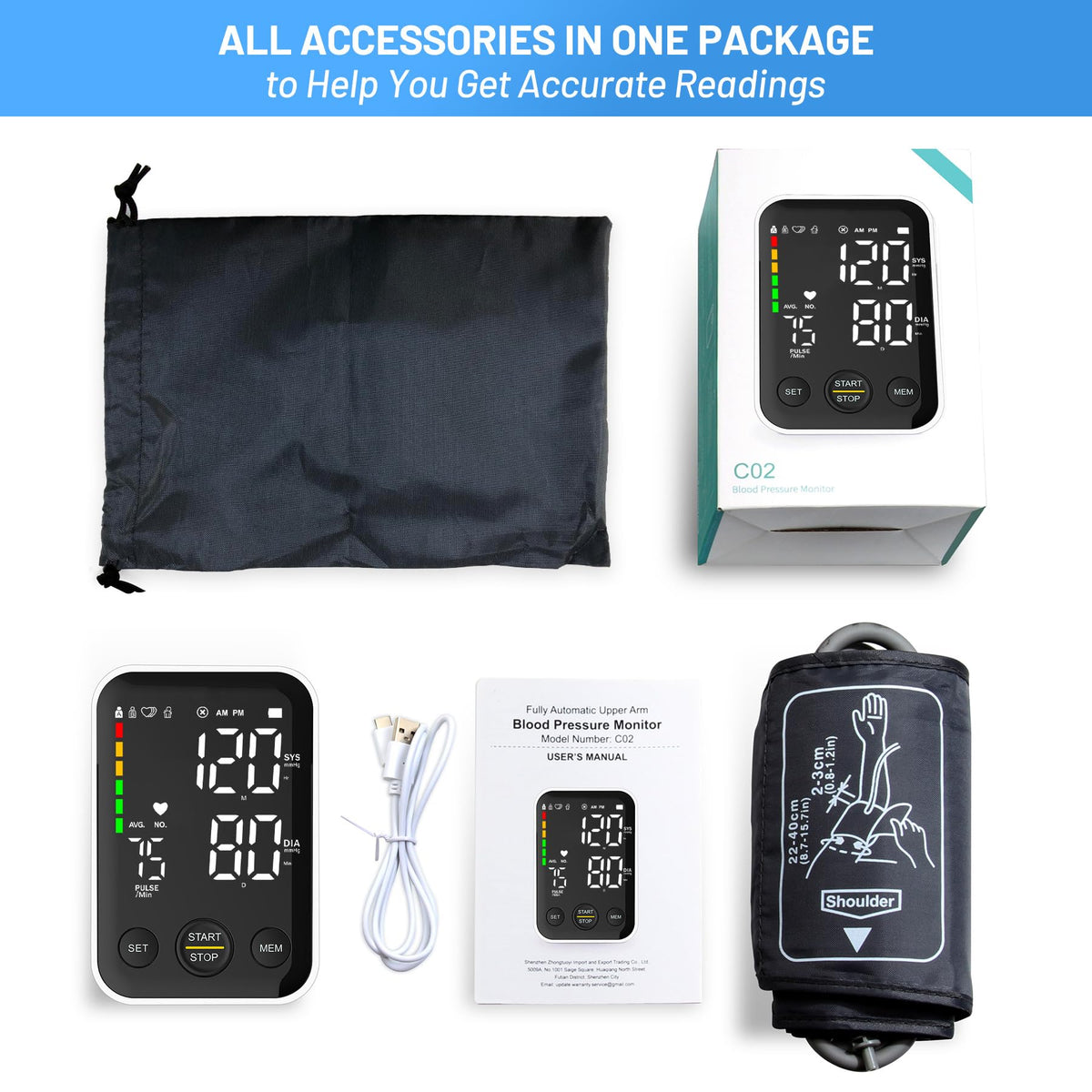 Black Upper Arm Blood Pressure Monitor with Adjustable Arm Cuff and Large Display S451