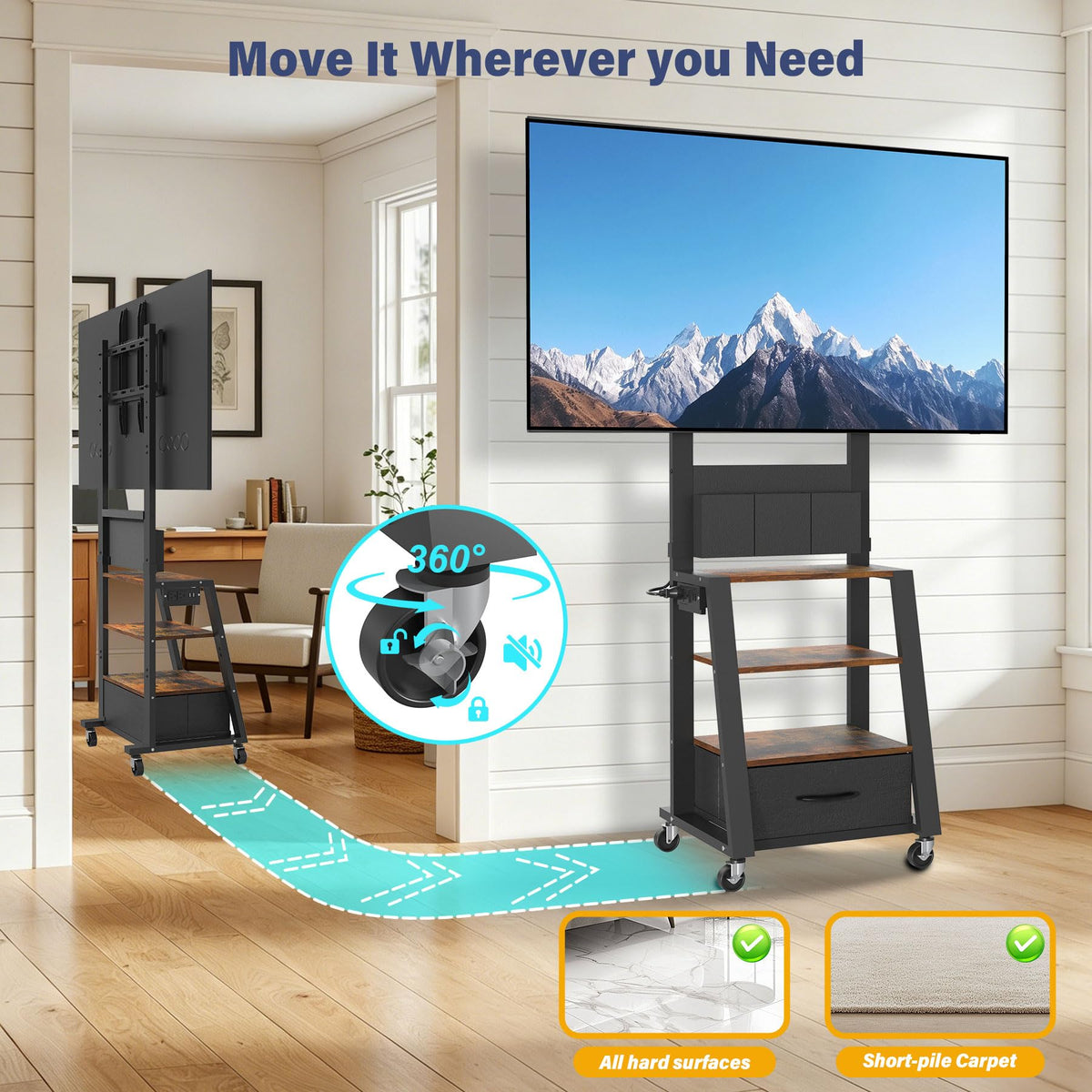 Rolling TV Stand with Power Outlet & 4-Tier Storage for 23-60 Inch Flat/Curved Screen P846