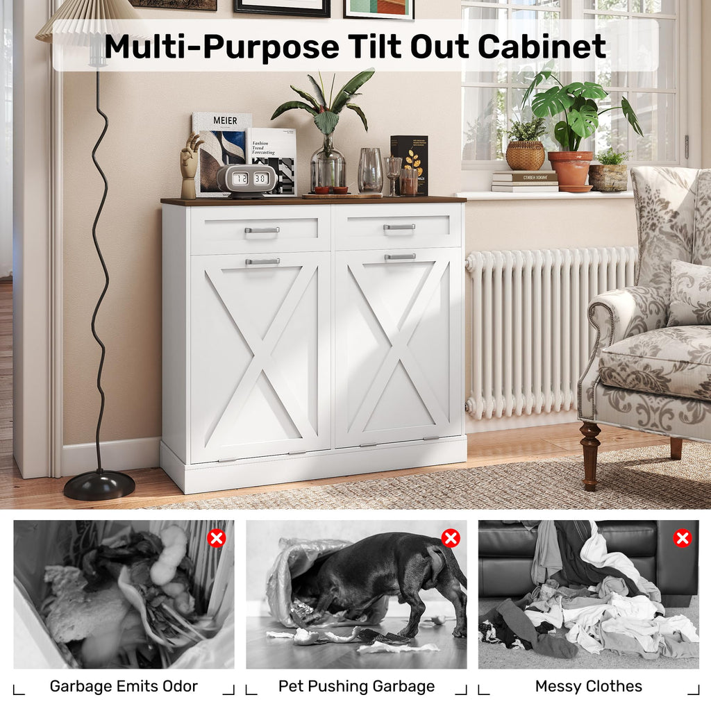 2 x 10 Gallons Double Tilt Out Wooden Trash Can Cabinet with Storage Drawers A33892