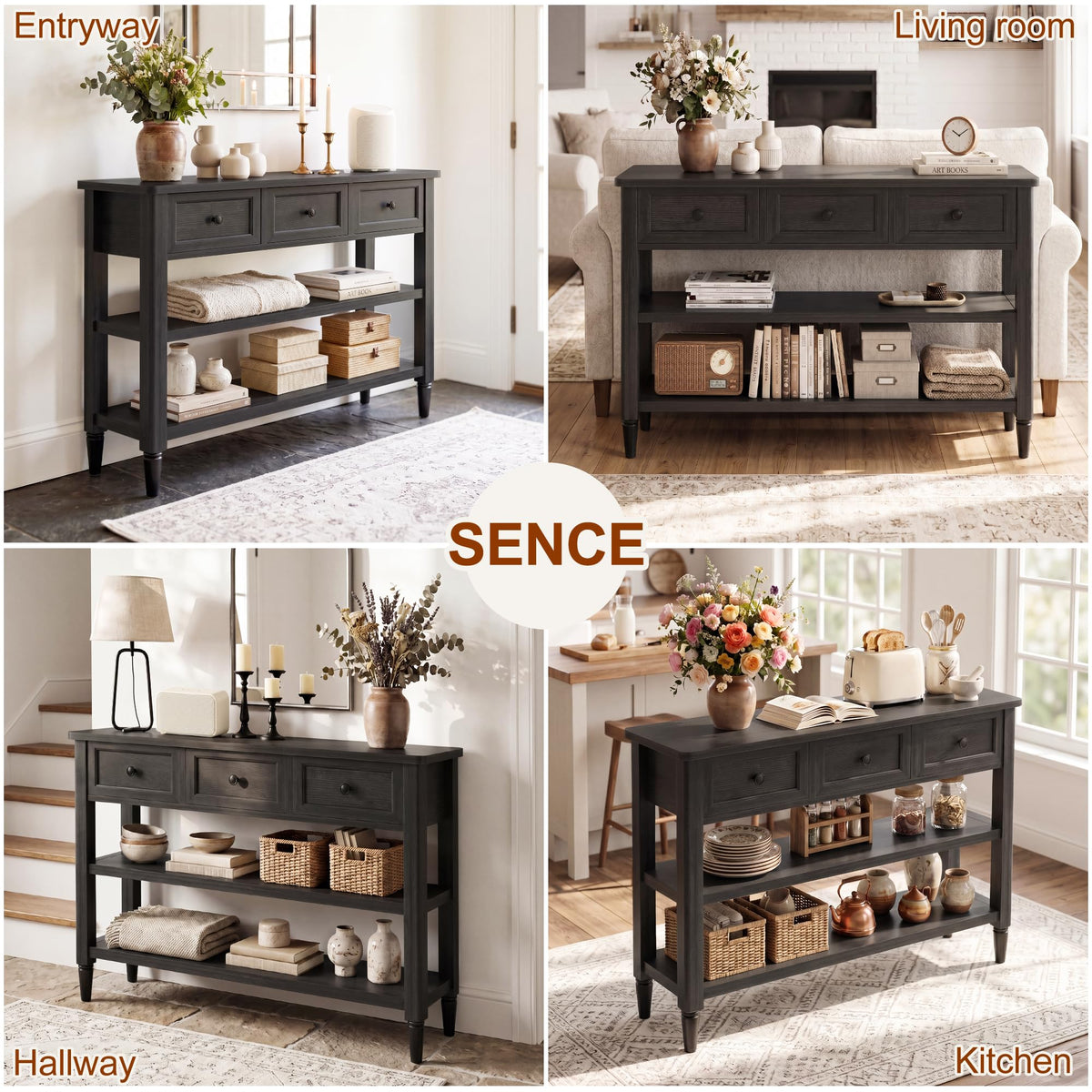 43" Narrow Farmhouse Console Table with 3 Drawers and 2 Shelves F550