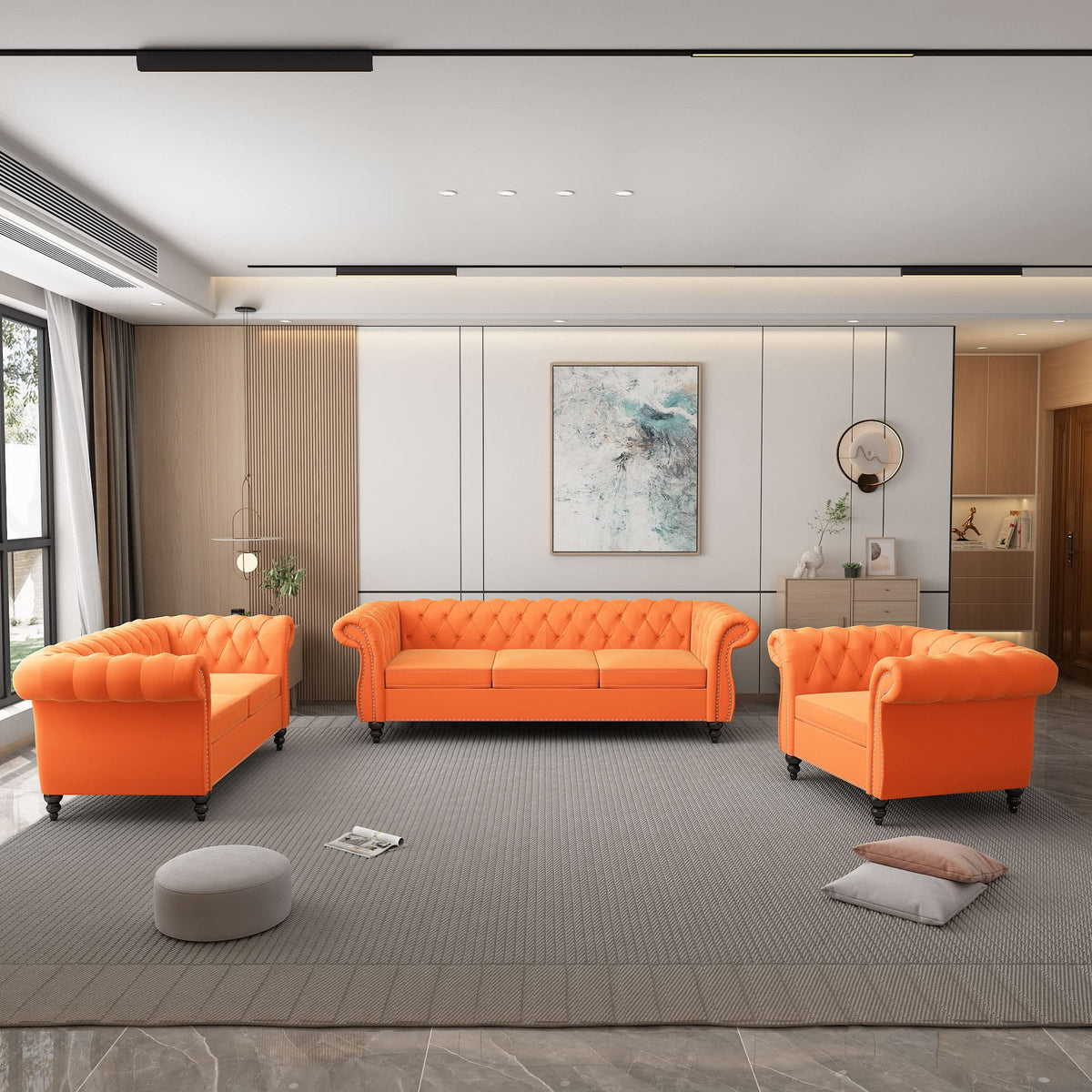 Orange Velvet Chesterfield Sofa Loveseat and Chair D493064