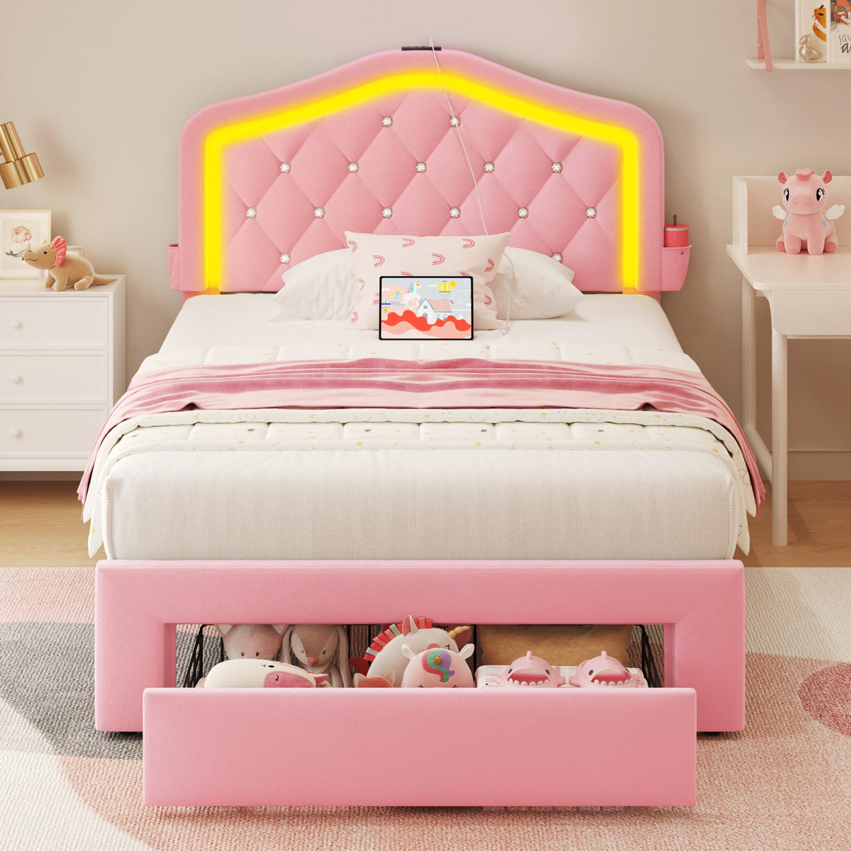 Twin Bed Frame with Adjustable Velvet Upholstered Headboard and Storage Drawers R961