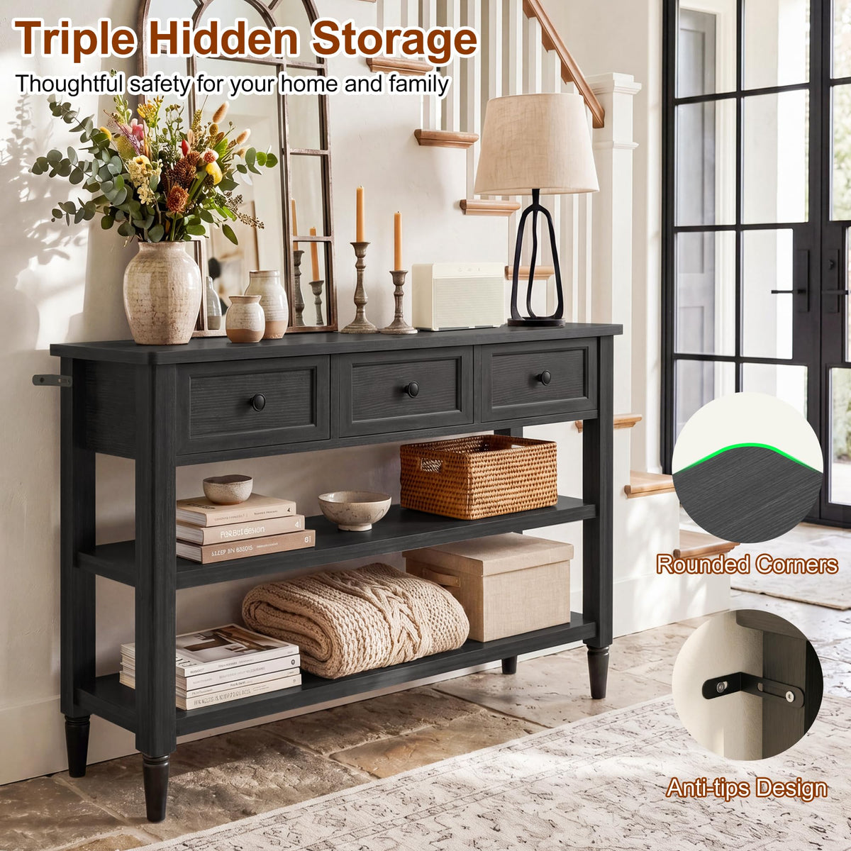 43" Narrow Farmhouse Console Table with 3 Drawers and 2 Shelves F550
