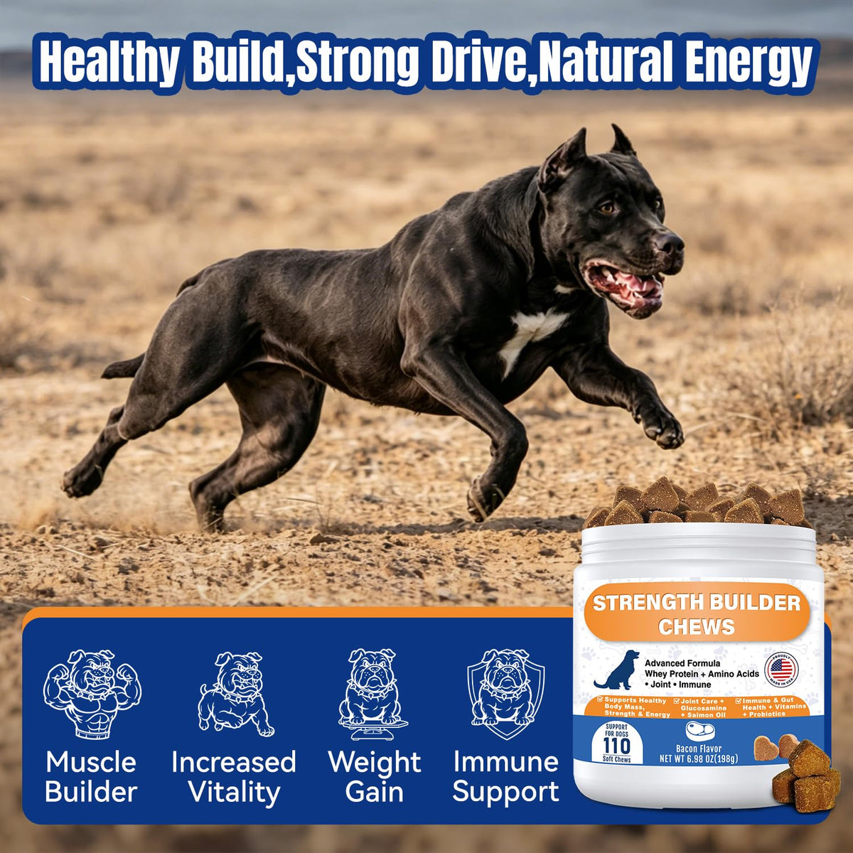 Bacon Flavor 110 Count Dog Muscle Gain Chews with Whey Protein & BCAA D9901