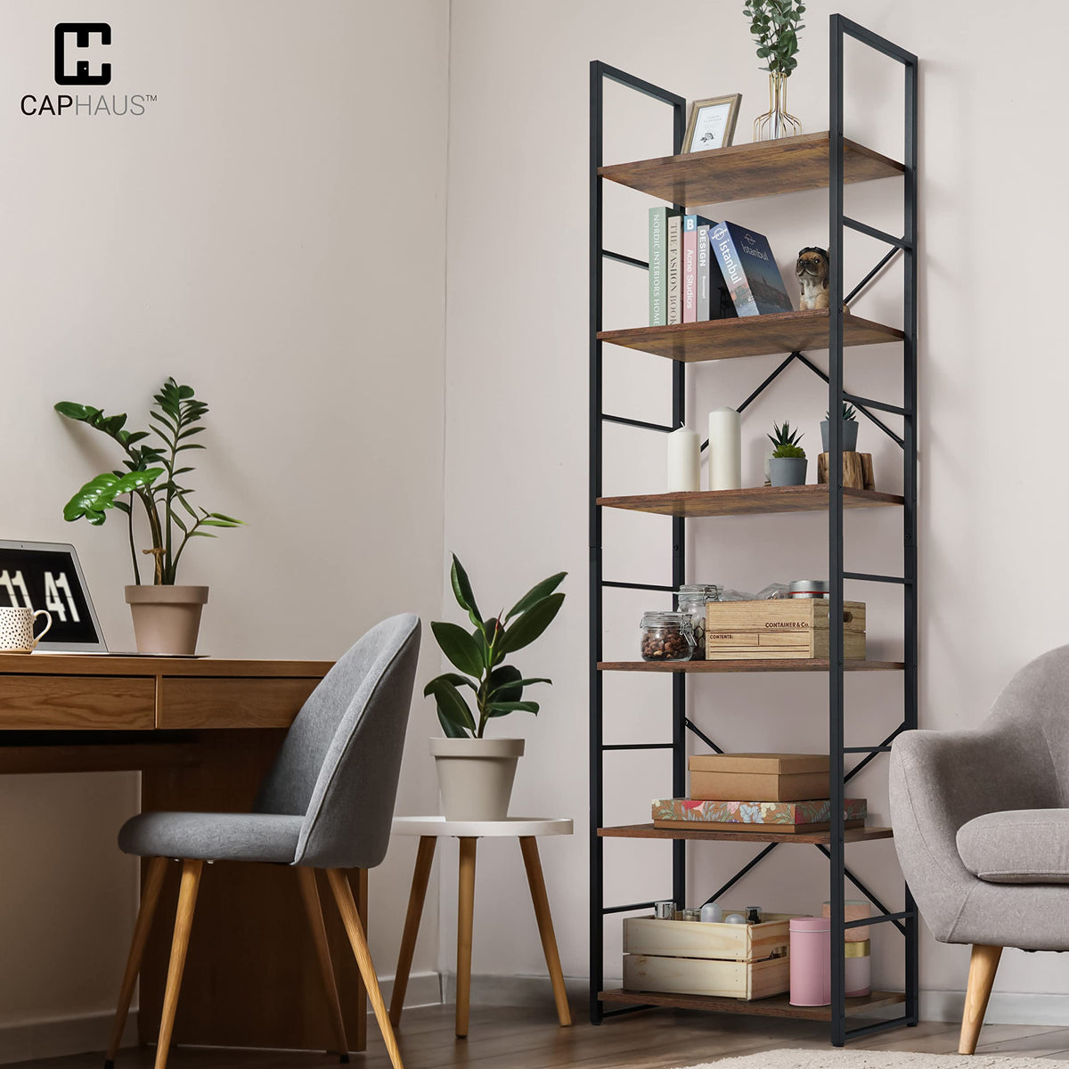 6 Tier 24 Inch Rustic Oak Bookshelf V415