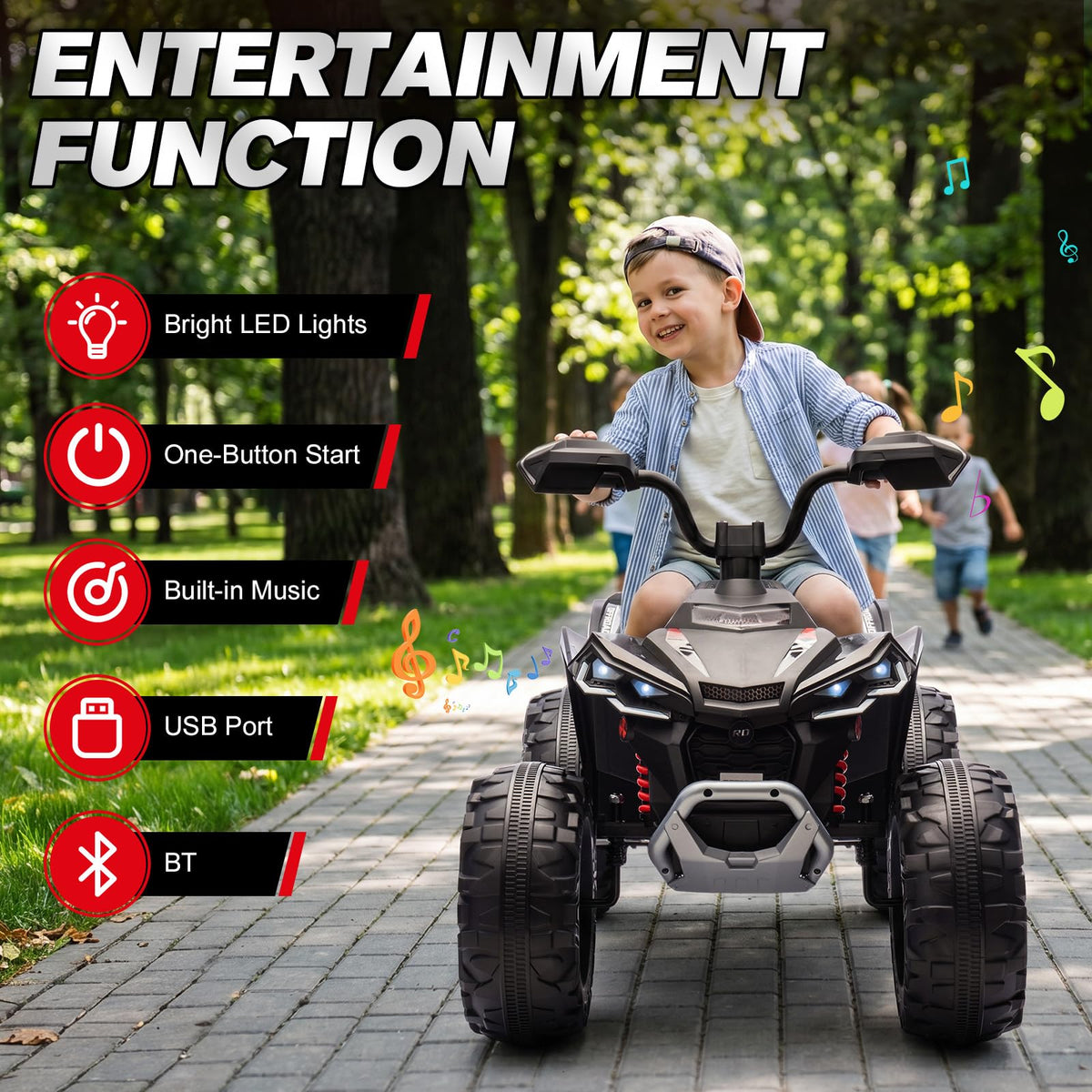 24V 2 Seater Kids ATV with LED Lights and Music, Black A36912
