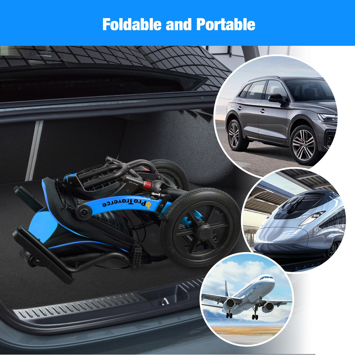 Lightweight Foldable Transport Wheelchair with Telescopic Handle, 16-Inch Seat, Blue J16390