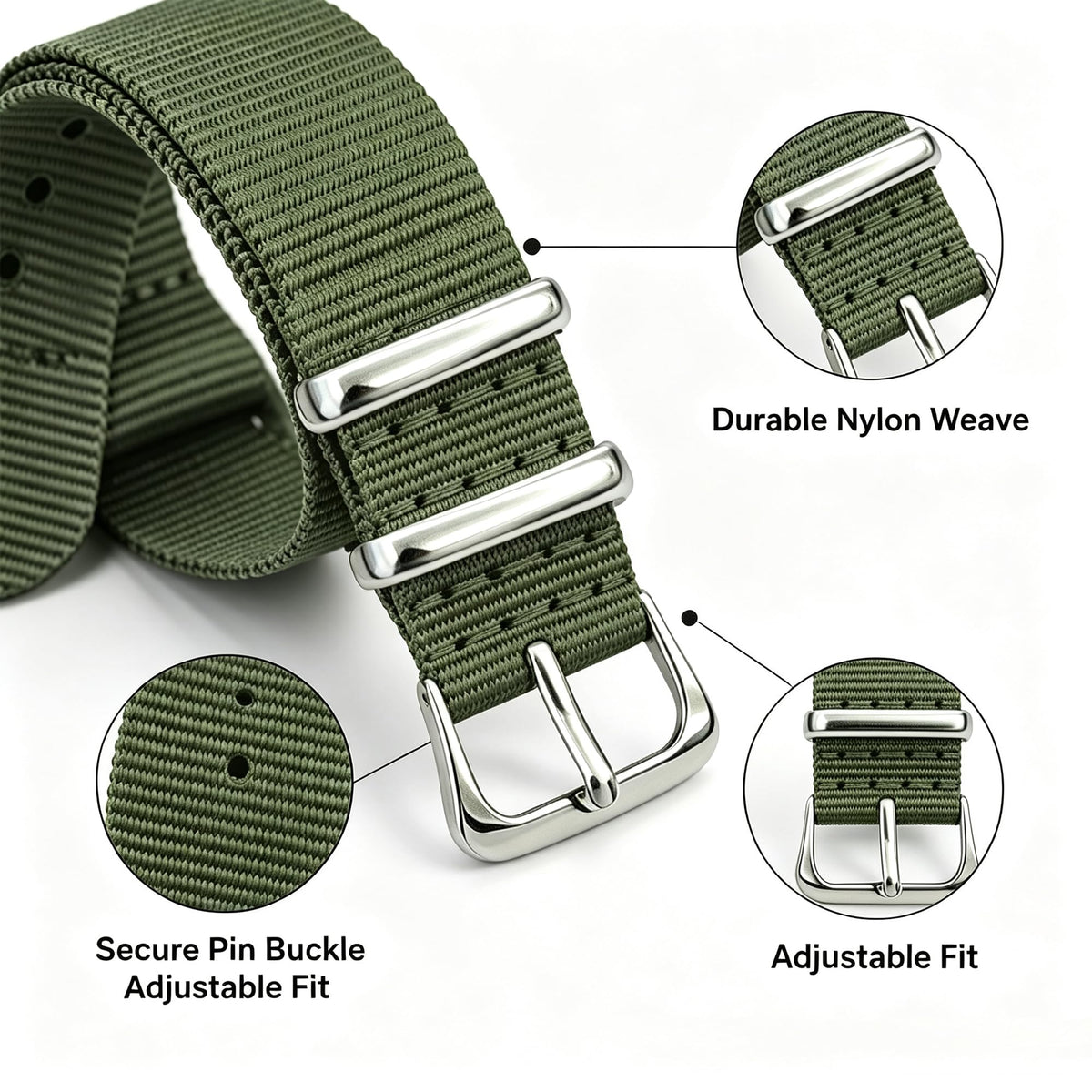 Nylon Watch Band with Stainless Steel Silver Buckle U557