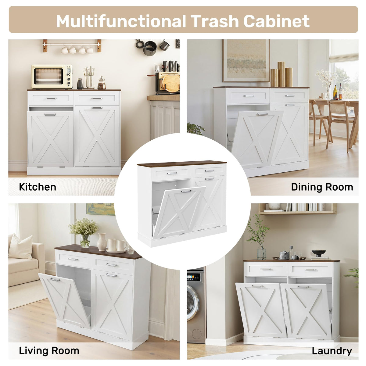 2 x 10 Gallons Double Tilt Out Wooden Trash Can Cabinet with Storage Drawers A33892